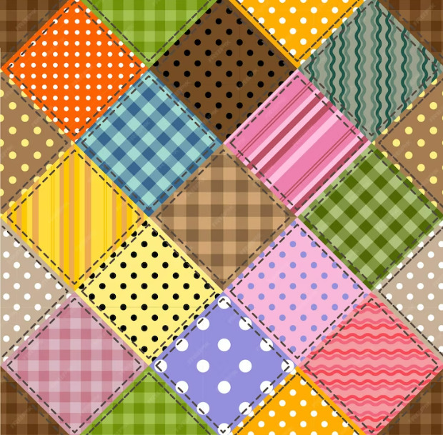 Colorful patchwork quilt with varied fabric patterns including dots, checks, and stripes arranged in diamond grid