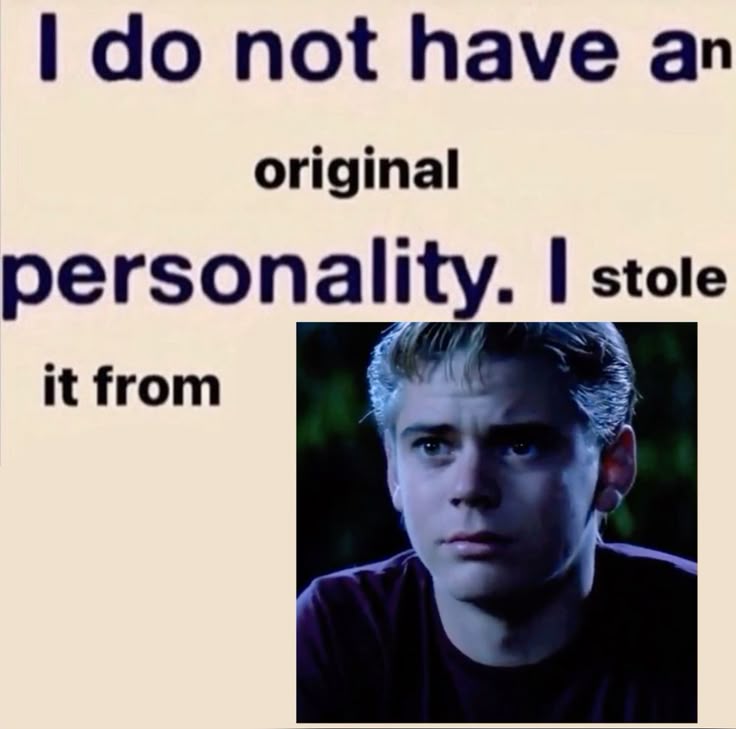 Meme with black text on a beige background and a small portrait of a blond young man