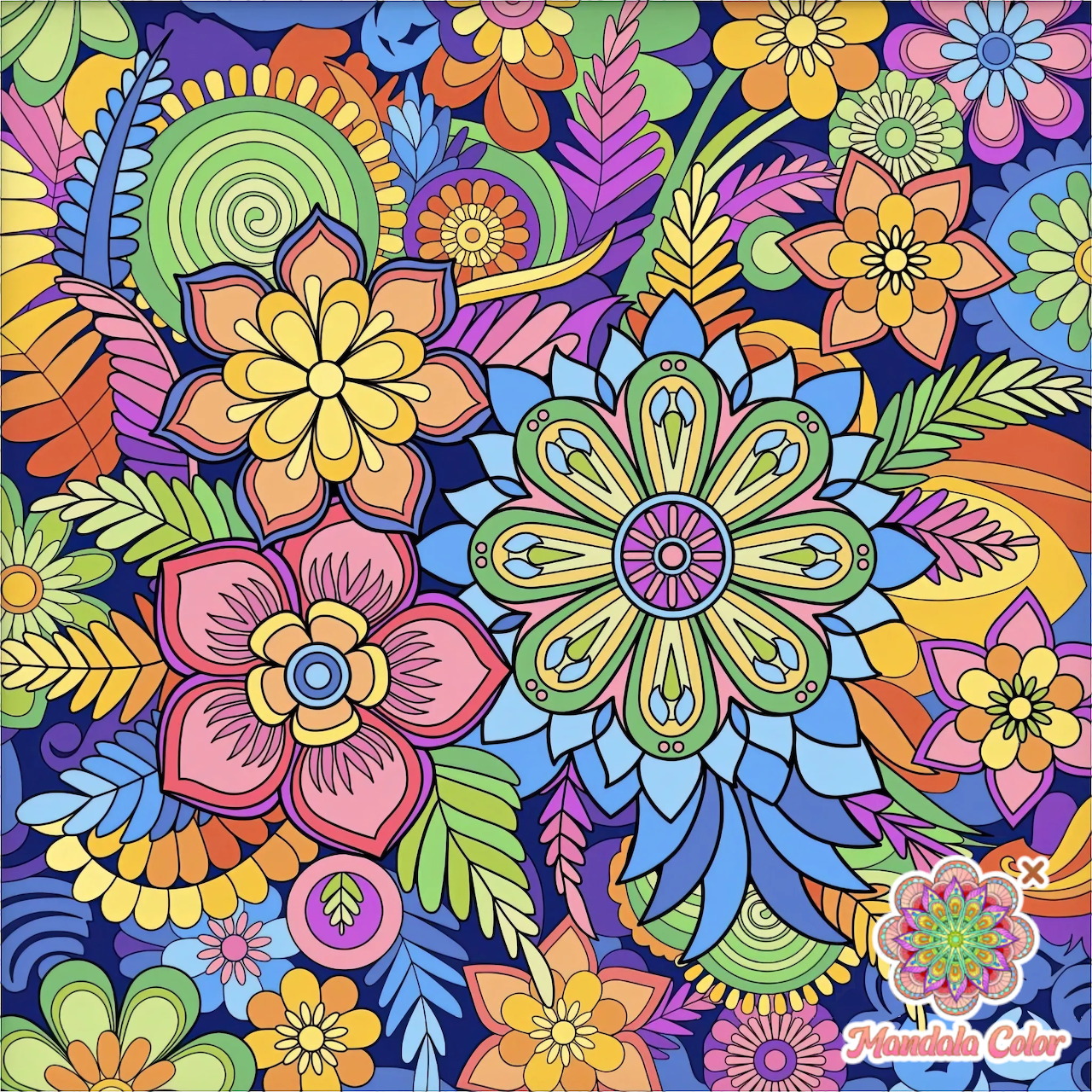 Bright decorative pattern with colorful stylized flowers and leaves in folk art style