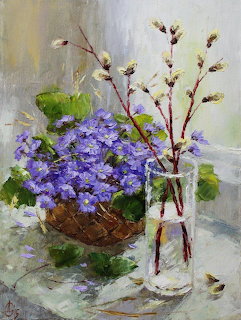 Oil painting of purple hydrangeas in basket with pussy willow branches in vase