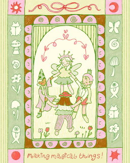 Whimsical illustration of fairies crafting magical items surrounded by a decorative green and pink border