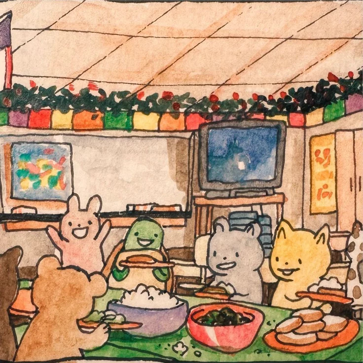 Garfield cartoon characters eating Christmas dinner together at a decorated table indoors