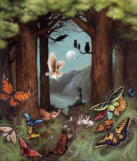 Fantasy forest with butterflies, squirrels, and moonlight through trees