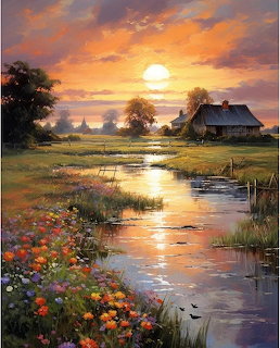 Painting of a farmhouse by a pond at sunset with wildflowers and glowing sky