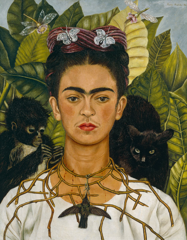 Frida Kahlo self-portrait wearing a thorn necklace with hummingbird, monkey and cat among leaves.