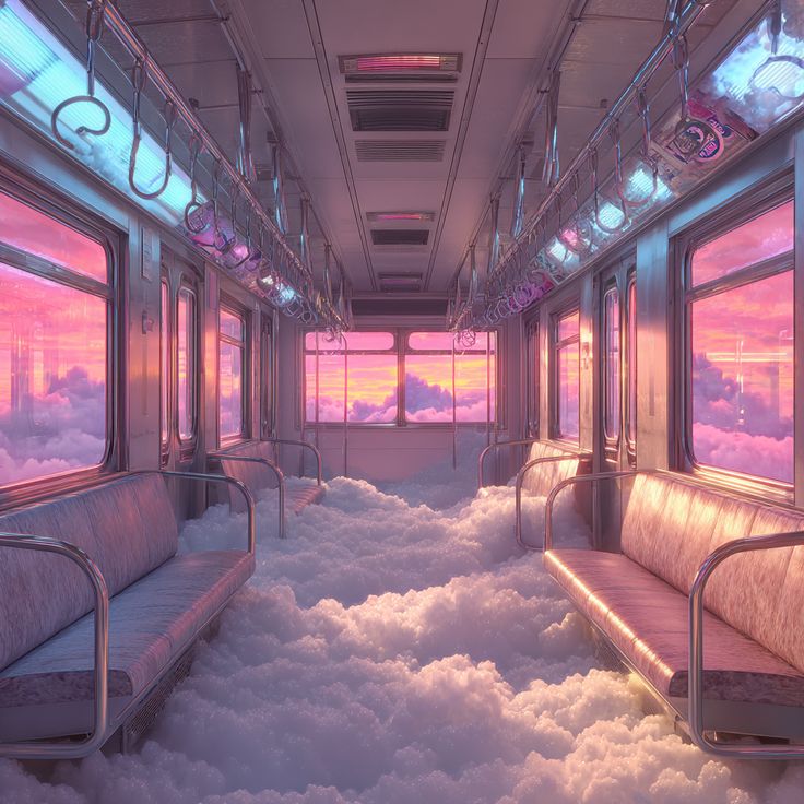 Surreal bus interior filled with clouds and glowing pink sunset light