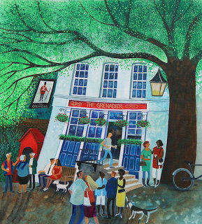 Illustration of The Grenadier pub with people, a dog, and a large tree outside