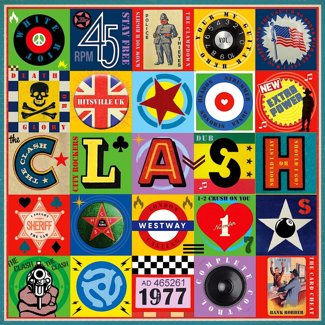 Grid collage of The Clash band symbols, records, stars, flags and colorful pop art squares spelling CLASH