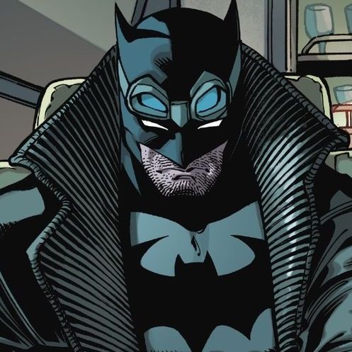 Batman in dark cowl and bat suit, DC Comics illustration close-up