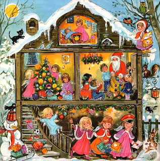 Vintage Christmas illustration of a snowy house with children, Santa, presents, and a decorated tree