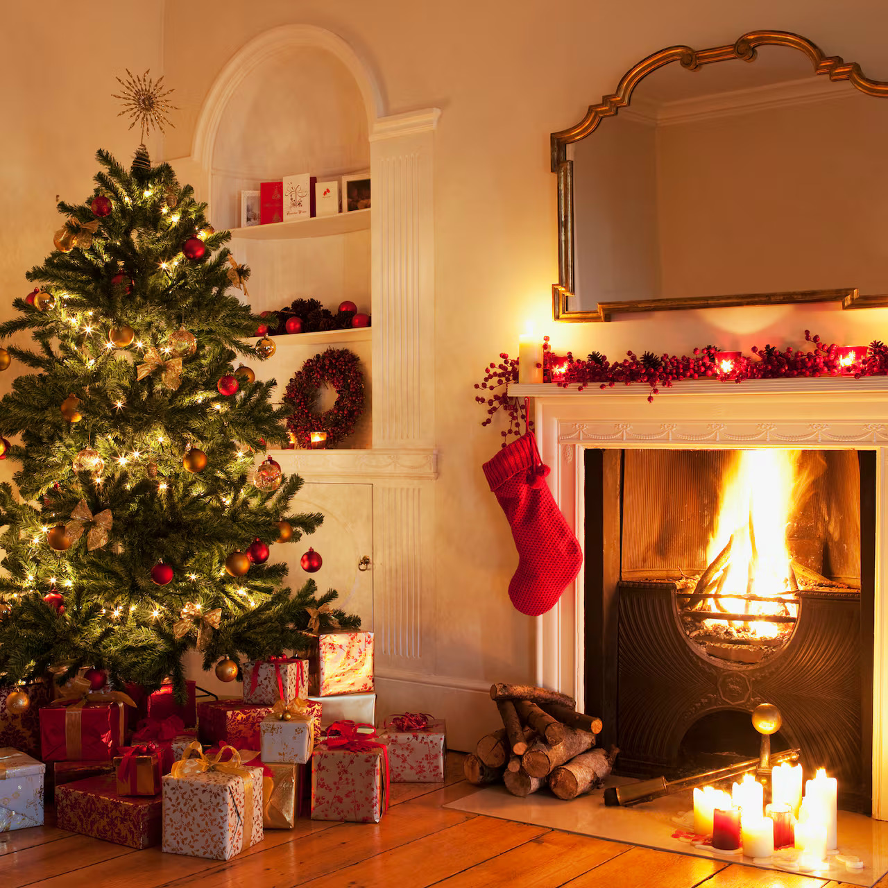 Cozy room with a Christmas tree, presents, candles, and a lit fireplace
