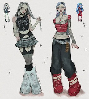Illustration of two Monster High-style girls in gothic fashion outfits with small character sketches