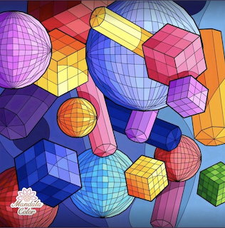 Colorful 3D geometric shapes with grid patterns overlapping in a digital illustration