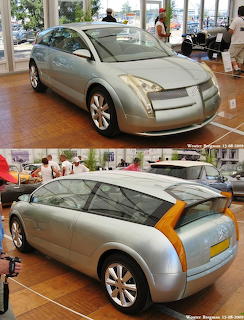 Two photos of a silver Citroen C4 Coupe concept car at an indoor auto show