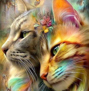 Close-up illustration of two cuddling cats with colorful rainbow fur accents