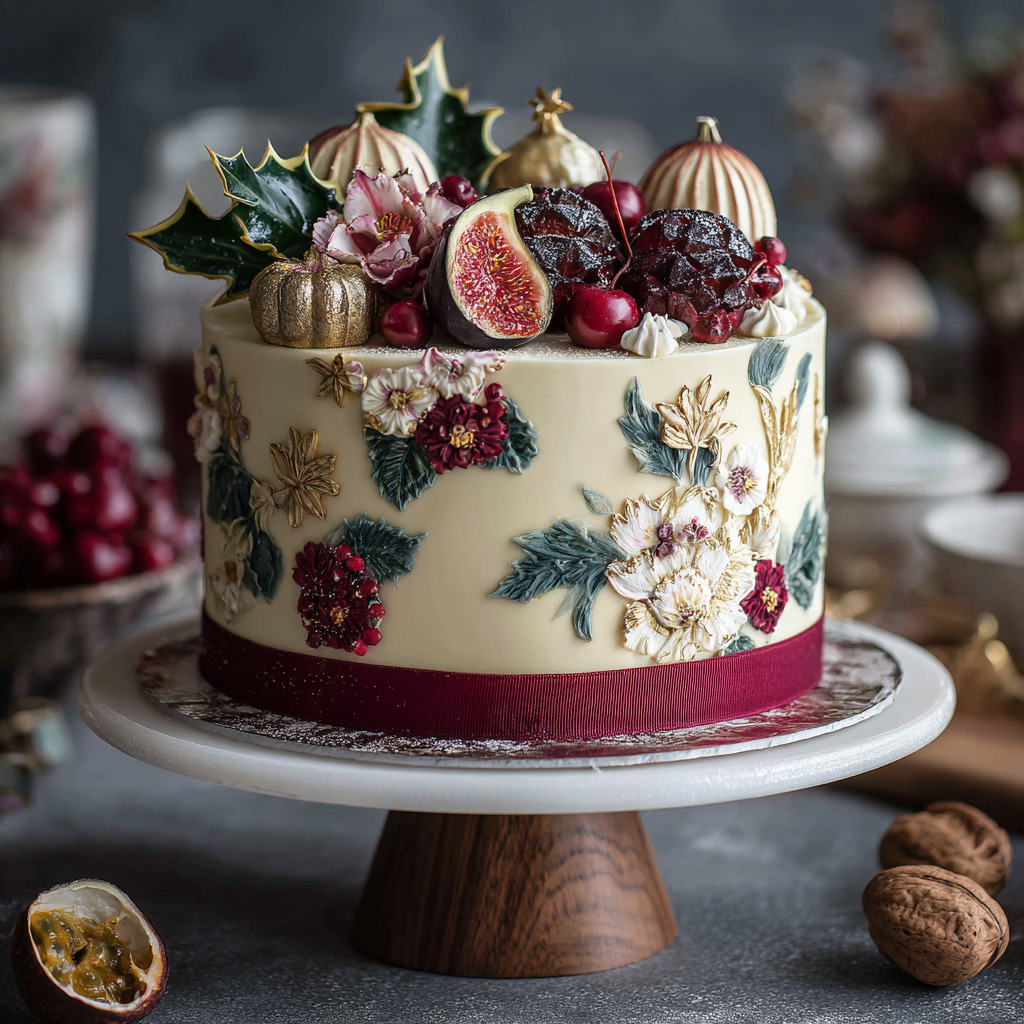 White frosted cake with figs, pomegranate, berries, meringues and holly decorations on wooden stand
