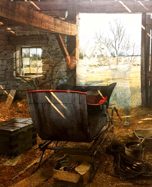 Watercolor painting of a family farm scene with a horse-drawn hitch
