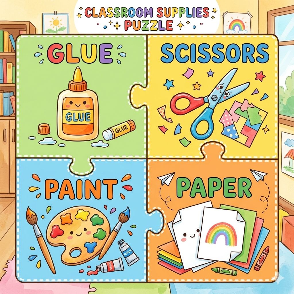 Colorful cartoon classroom supplies puzzle with glue, scissors, paint palette, and paper