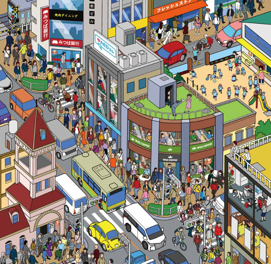 Isometric view of a busy city neighborhood with buildings, shops, people, and vehicles