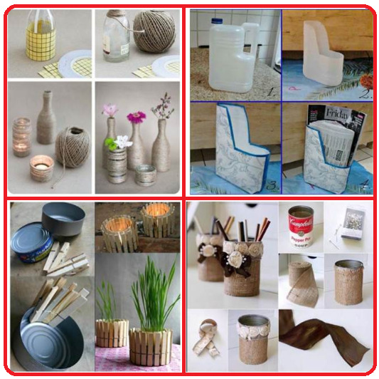 Grid collage of DIY upcycled crafts made from bottles, jars, and recycled materials