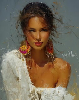Painting of a young woman with loose hair, colorful earrings, and a white off-shoulder wrap