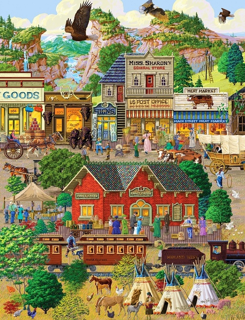 Colorful illustrated collage of American small town buildings, farms, trains, and rural life scenes