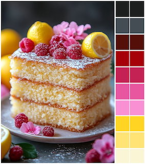 Layered lemon cake slice with raspberries, powdered sugar, and lemon halves on a plate