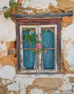 Old wooden window with blue curtains and pink flowers in a weathered plaster wall