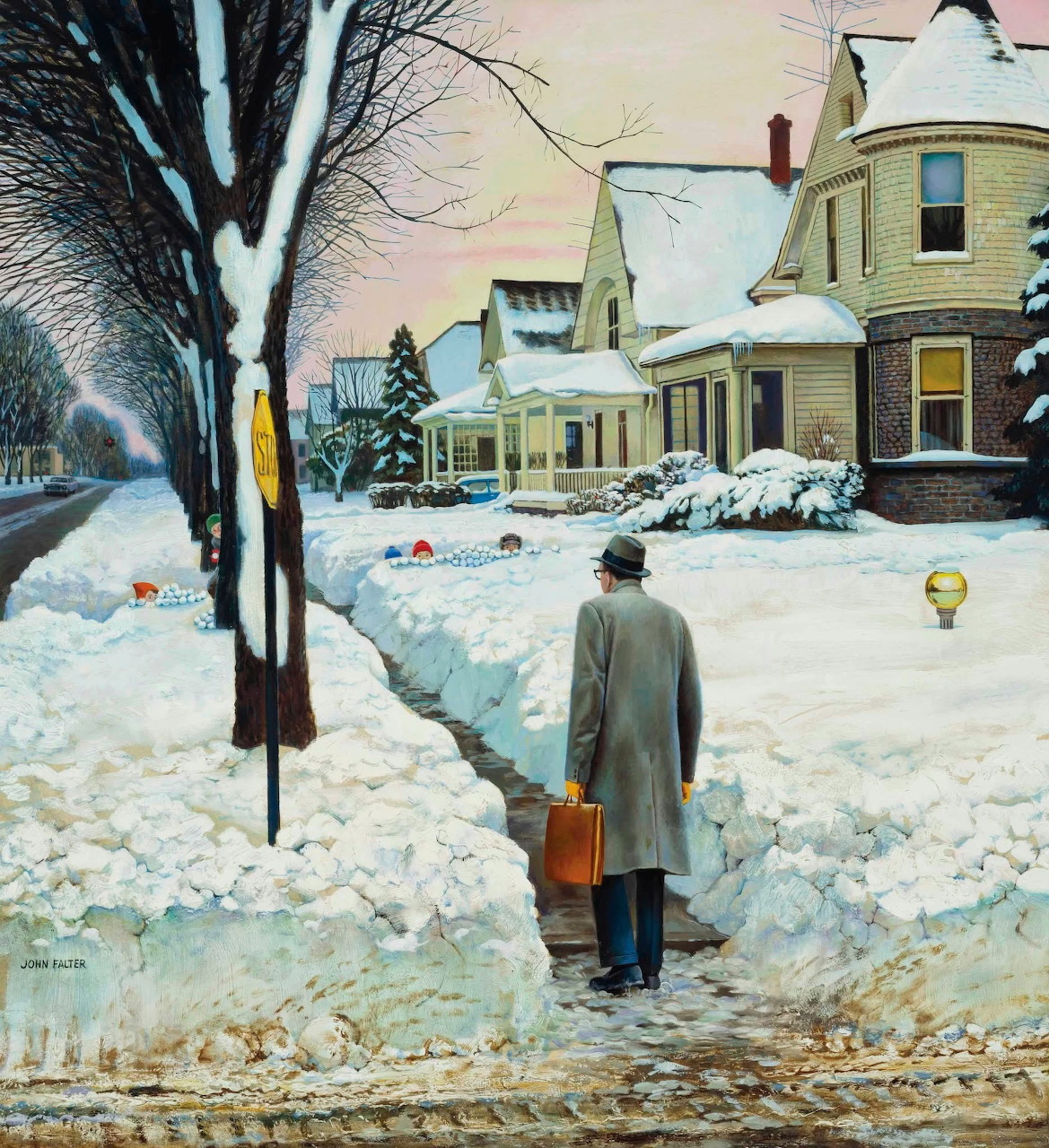 Person walking on snowy street toward Victorian houses at winter dusk