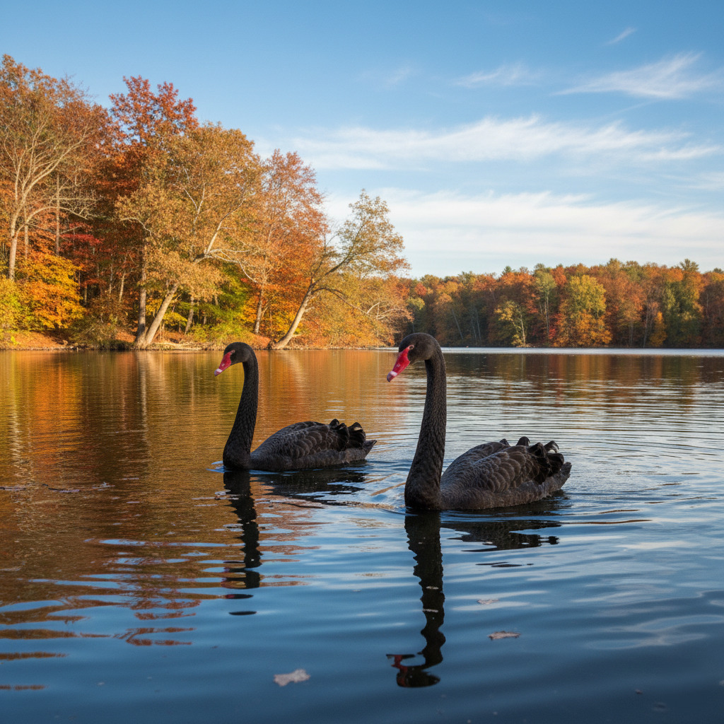 Two black swans swimming on a lake with autumn trees in the background