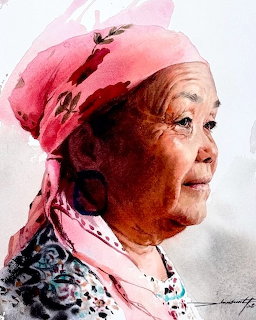 Elderly Woman Pink Headscarf Portrait
