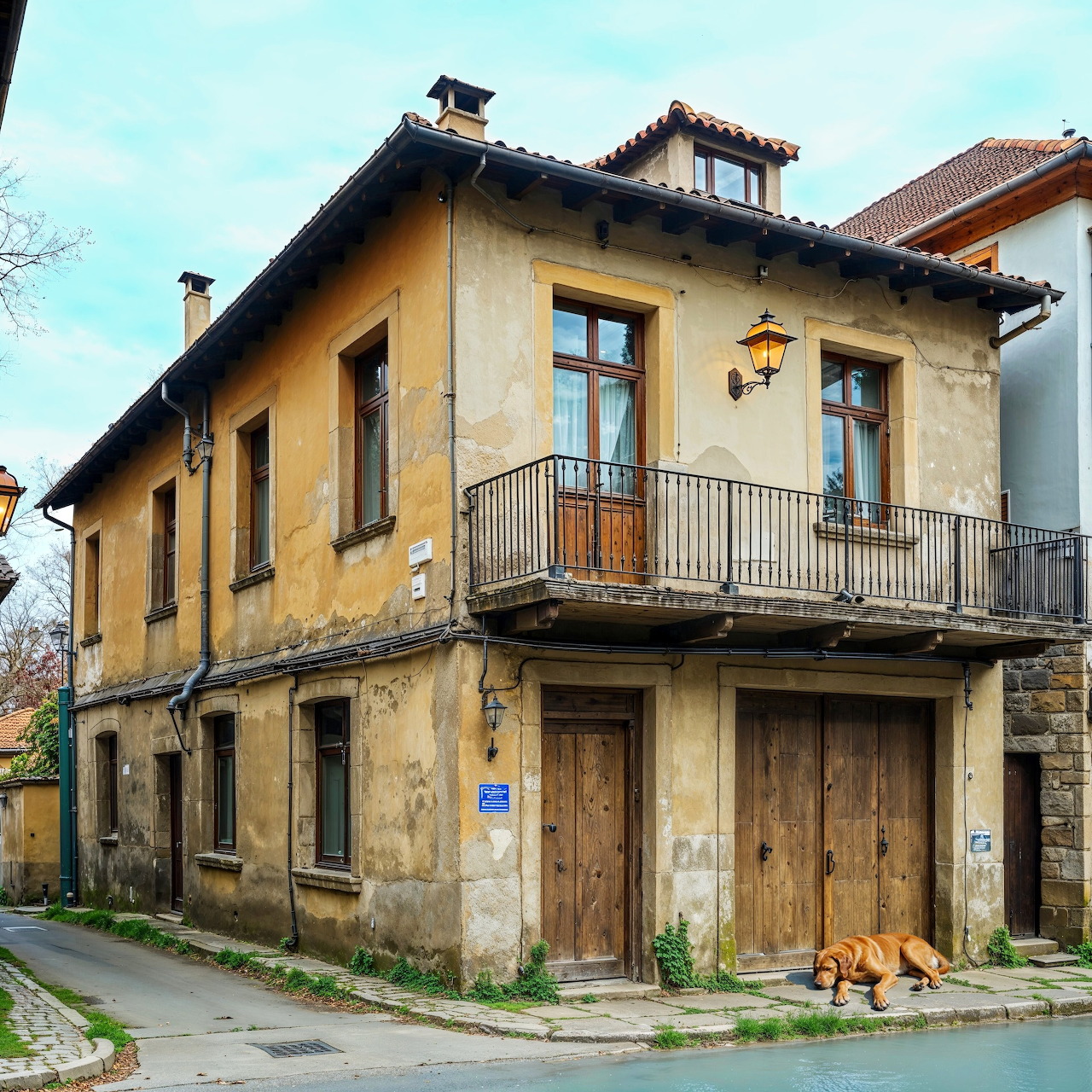 Old yellow stucco corner house with balconies and a dog on the sidewalk
