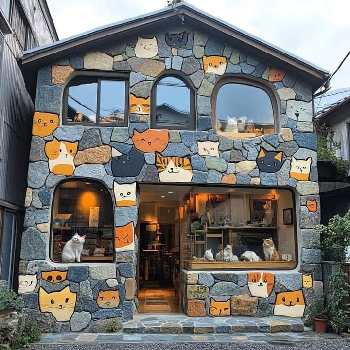 Stone building with cat-shaped colored stones forming decorative pattern around windows and entrance