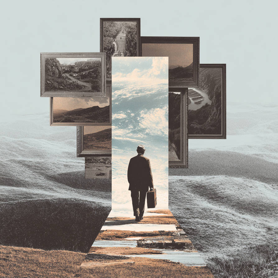 Surreal collage of person on stairs with floating landscape photographs in desert setting