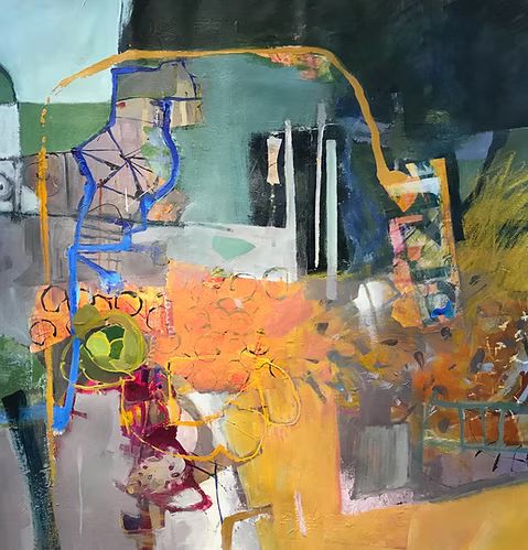 Abstract painting with orange, blue and gray brushstrokes and geometric layered shapes