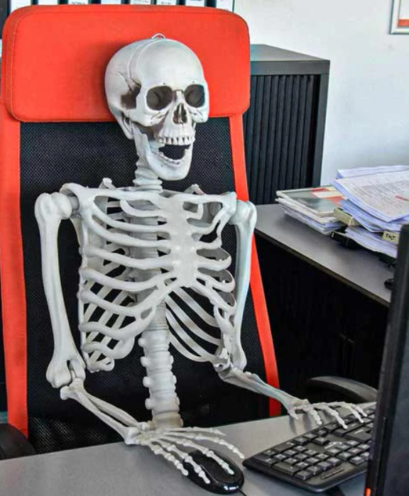 Skeleton seated at desk with hands on keyboard in office setting
