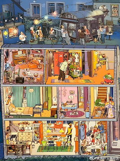 Cross-section view of dollhouse with multiple furnished rooms on four floors showing miniature people and detailed interiors
