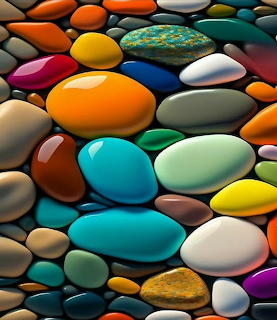 Collection of smooth colorful polished stones in various hues arranged together