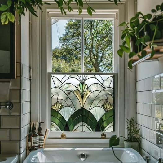 Bathroom with white tiled walls, bathtub below window with stained glass panel showing leafy plants and garden view