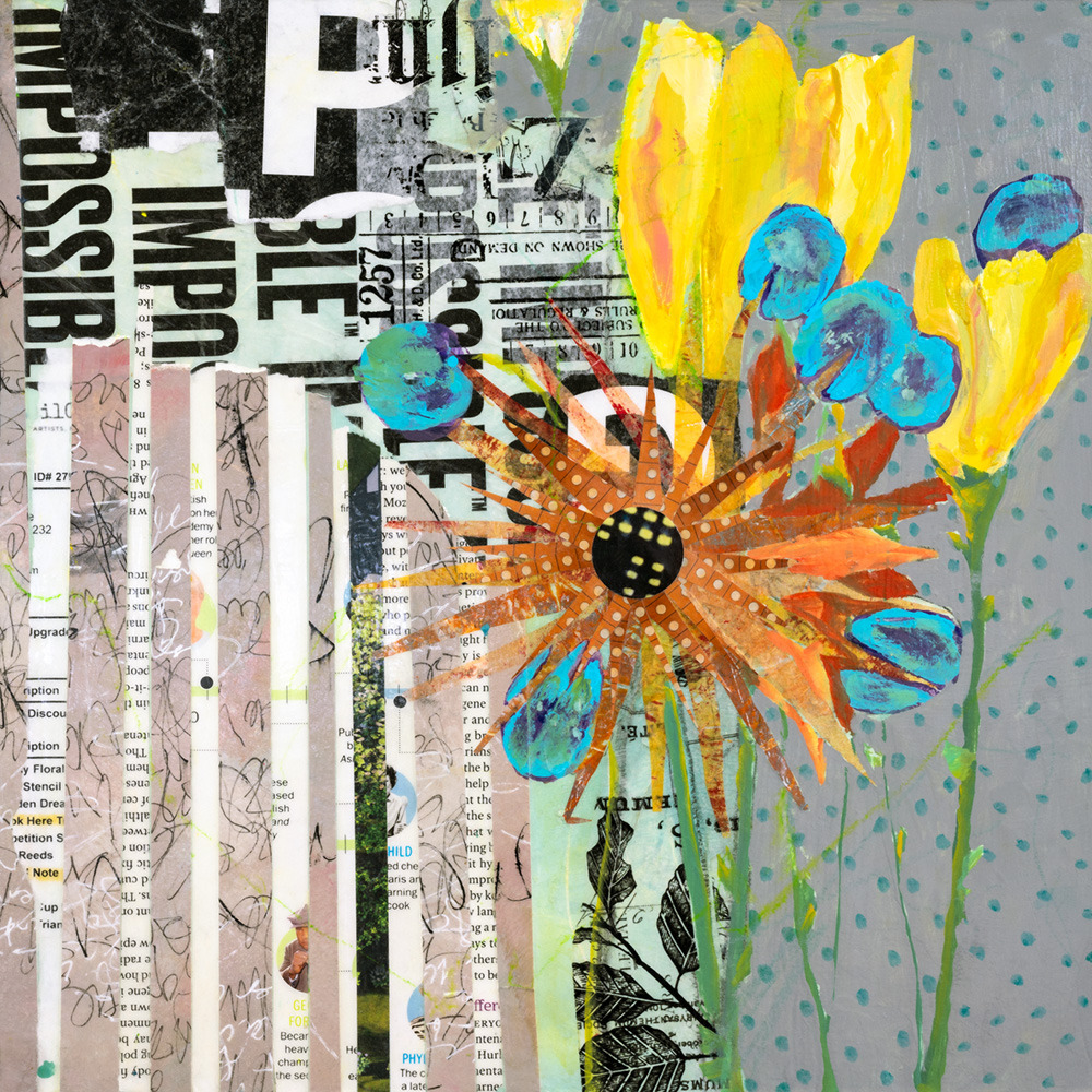 Mixed media collage of orange chrysanthemum with turquoise flowers on textured patterned background