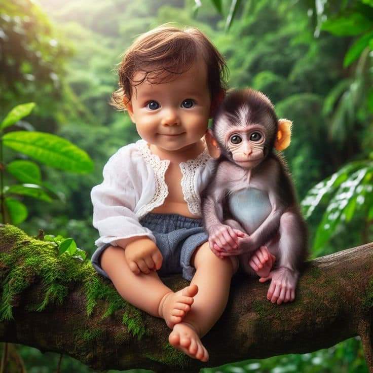 Smiling child sitting with baby monkey on mossy tree branch in tropical forest
