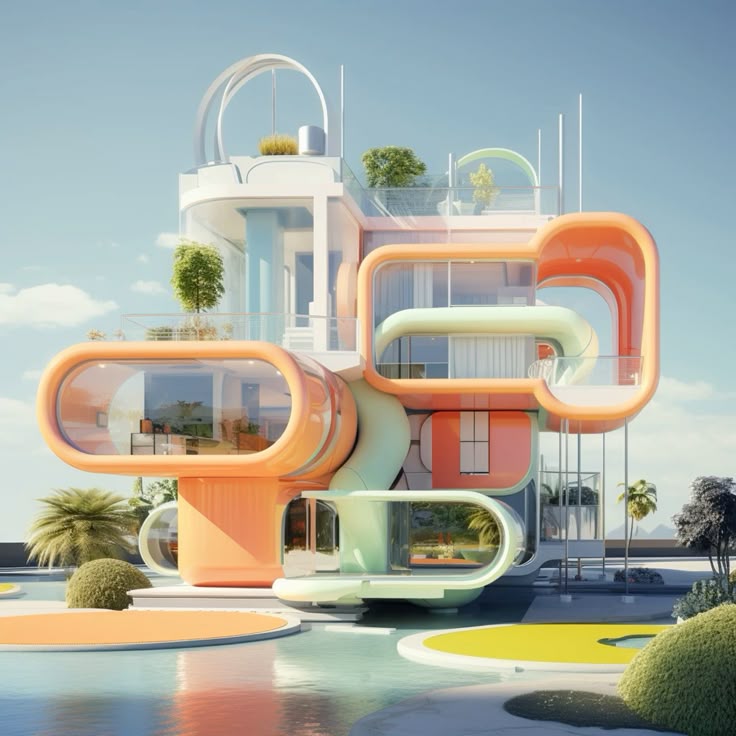 Colorful retro-futuristic townhouse with curved pastel tubes and glass walls outdoors