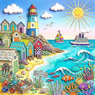Colorful beach painting with lighthouse, seaside houses, waves, fish, sailboat, and sun