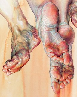 Detailed figurative painting of human feet soles rendered in warm colored tones against a peach background