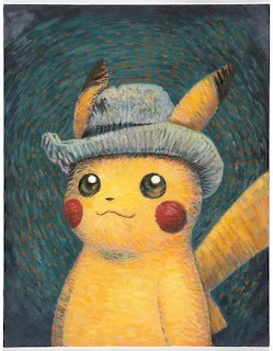 Pikachu in a knit hat painted in Van Gogh impressionist style with swirling blue background