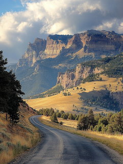 Winding road through golden hills with towering layered rock cliffs and dramatic clouds above