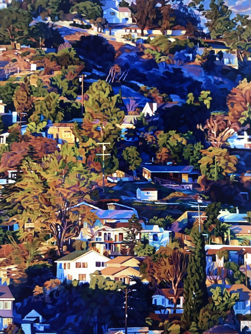 Aerial view of homes and trees covering a hillside in Los Angeles