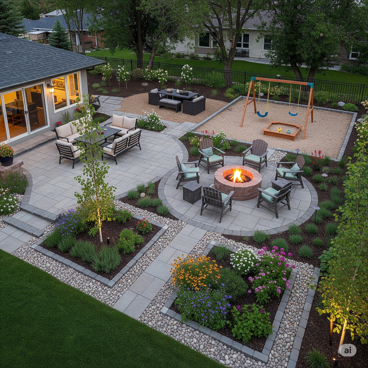 Landscaped backyard with patio seating, fire pit, garden beds, and a swing set beside a house