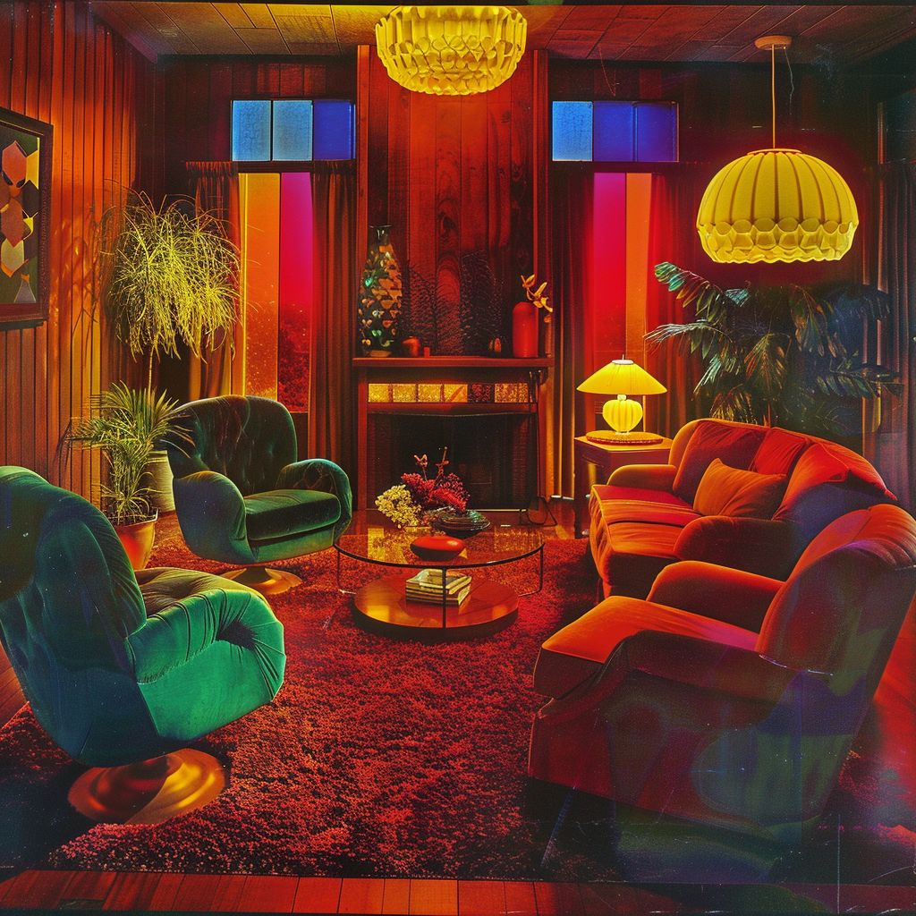 Colorful retro living room with velvet chairs, warm lamps, plants, and dramatic red and blue lighting