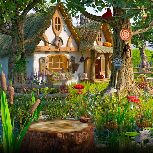 Illustrated fantasy cottage with thatched roof in vibrant garden with flowers and trees